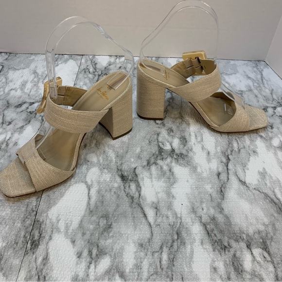 Sam Edelman New York sandal heels tan/gold tone , large buckles, very elegant.